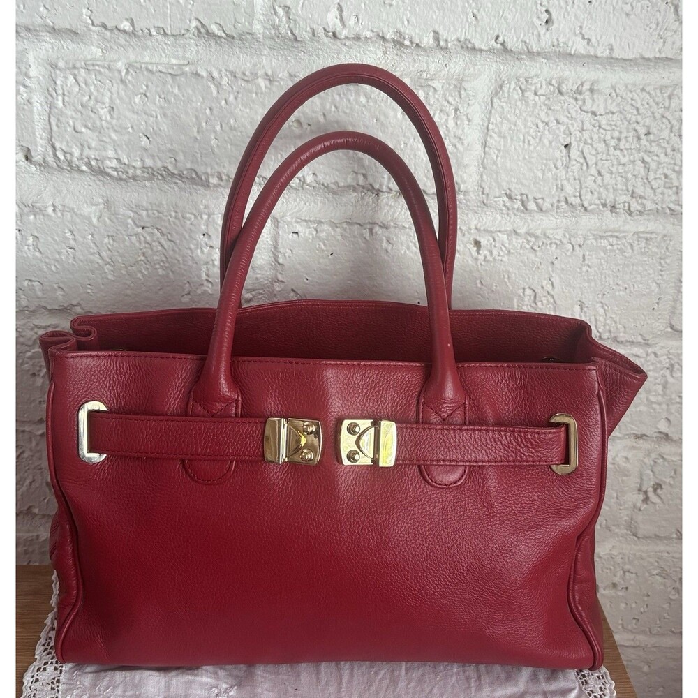 ONNA EHRLICH Women's Red Genuine Pebble Leather Gold Buckle Maya Tote Bag $550